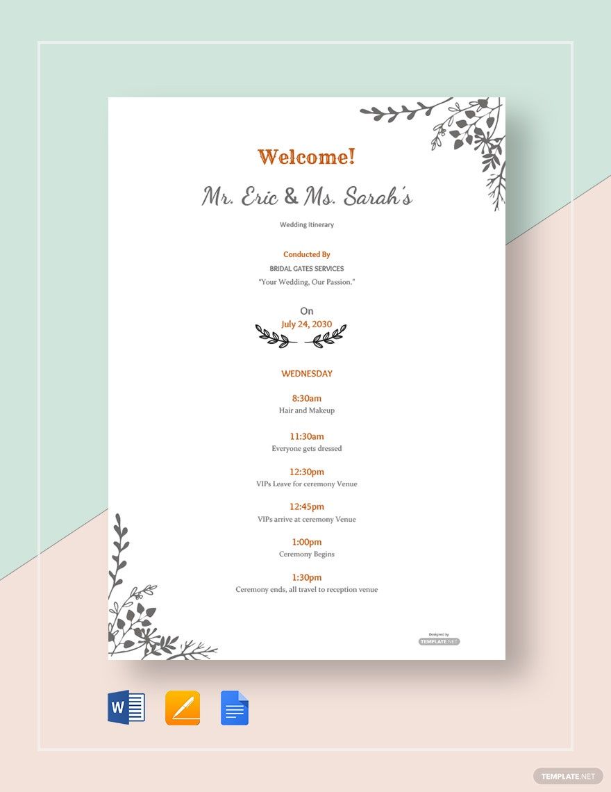 Free Simple Wedding Itinerary Template