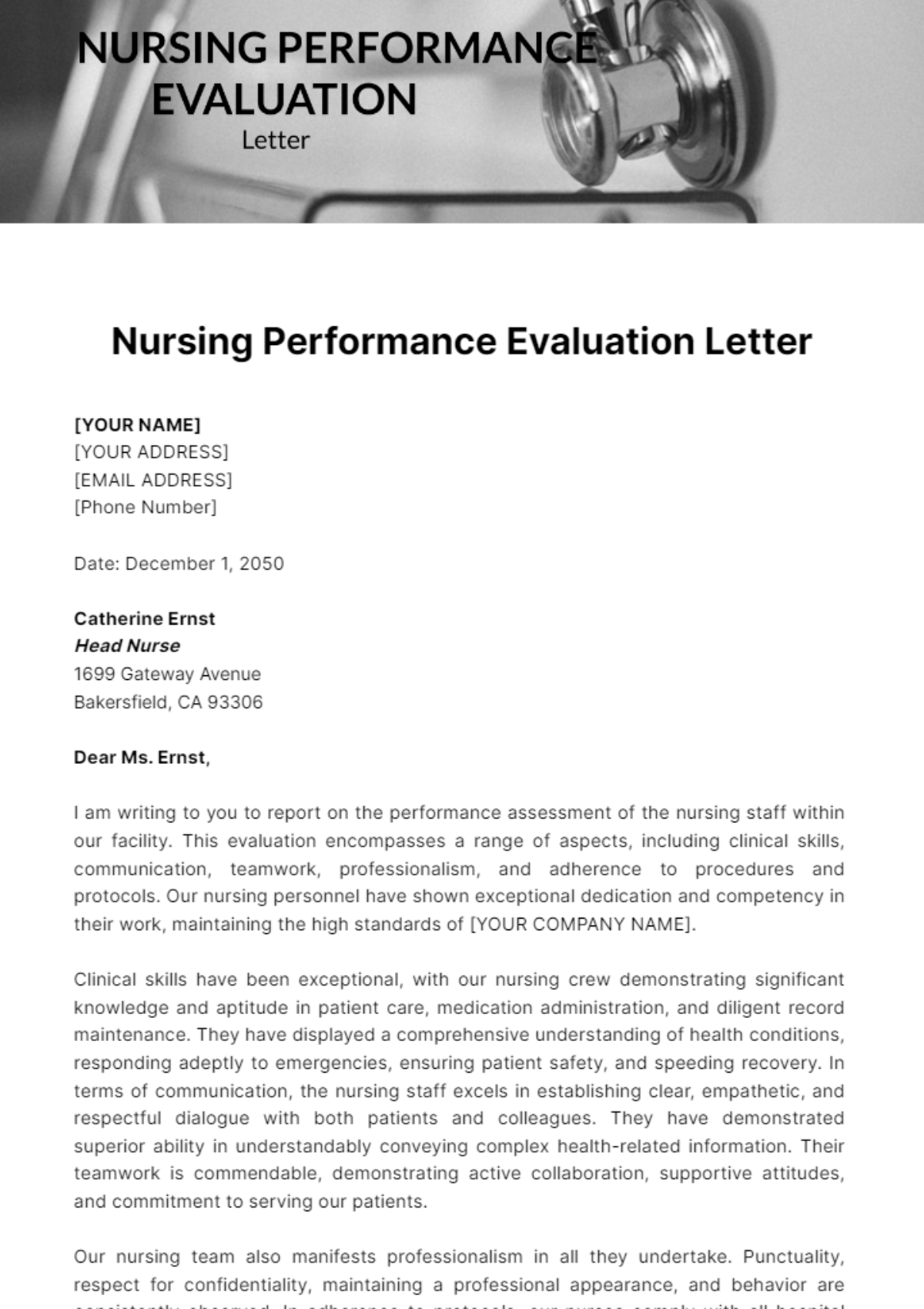 Free Nursing Performance Evaluation Letter Template to Edit Online