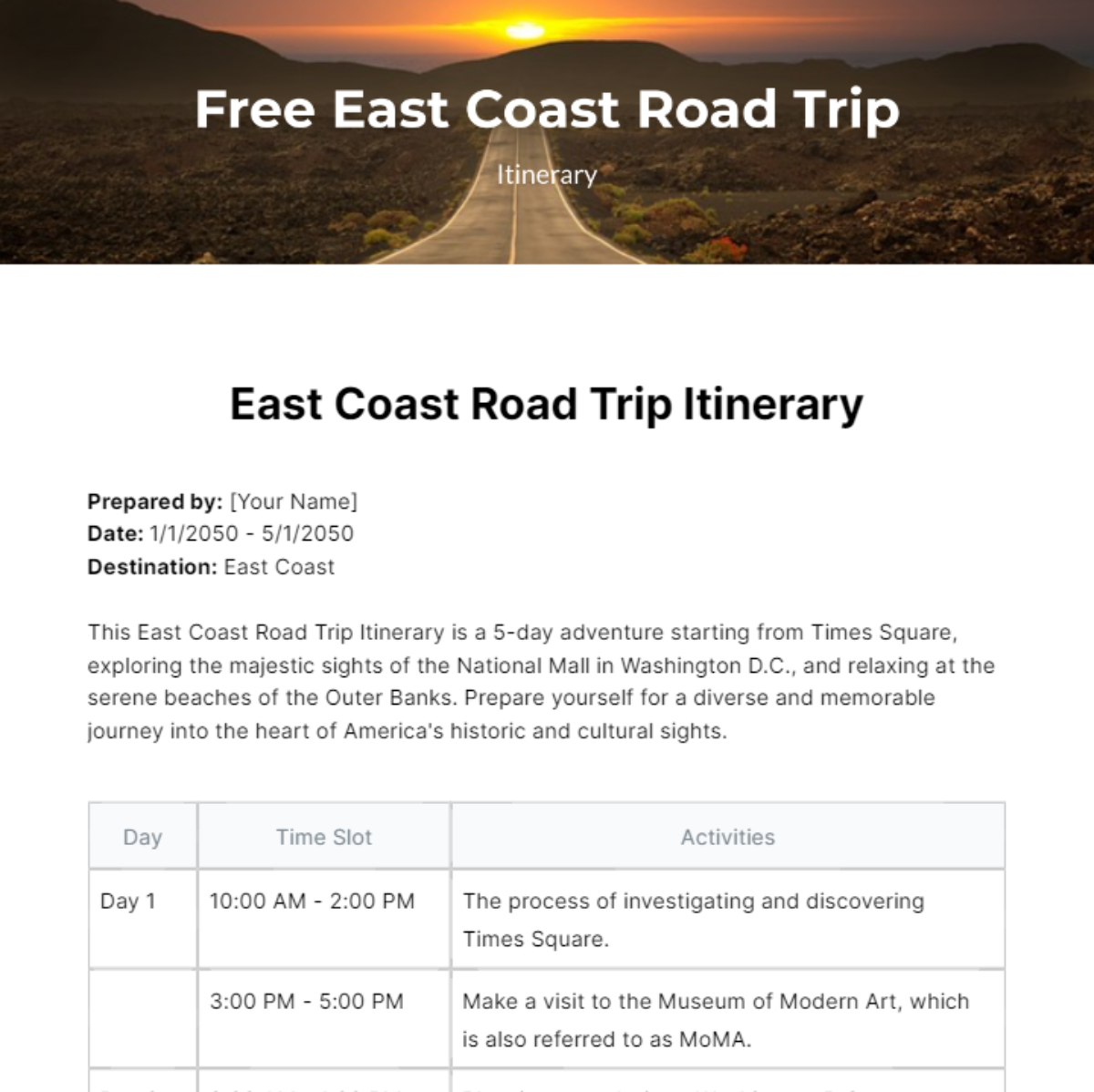 East Coast Road Trip Itinerary Template - Edit Online & Download