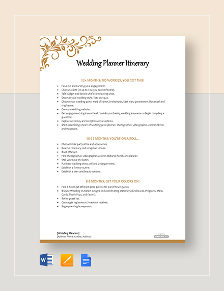 Free Wedding Planner Itinerary Template Word Doc Apple Mac Pages Google Docs