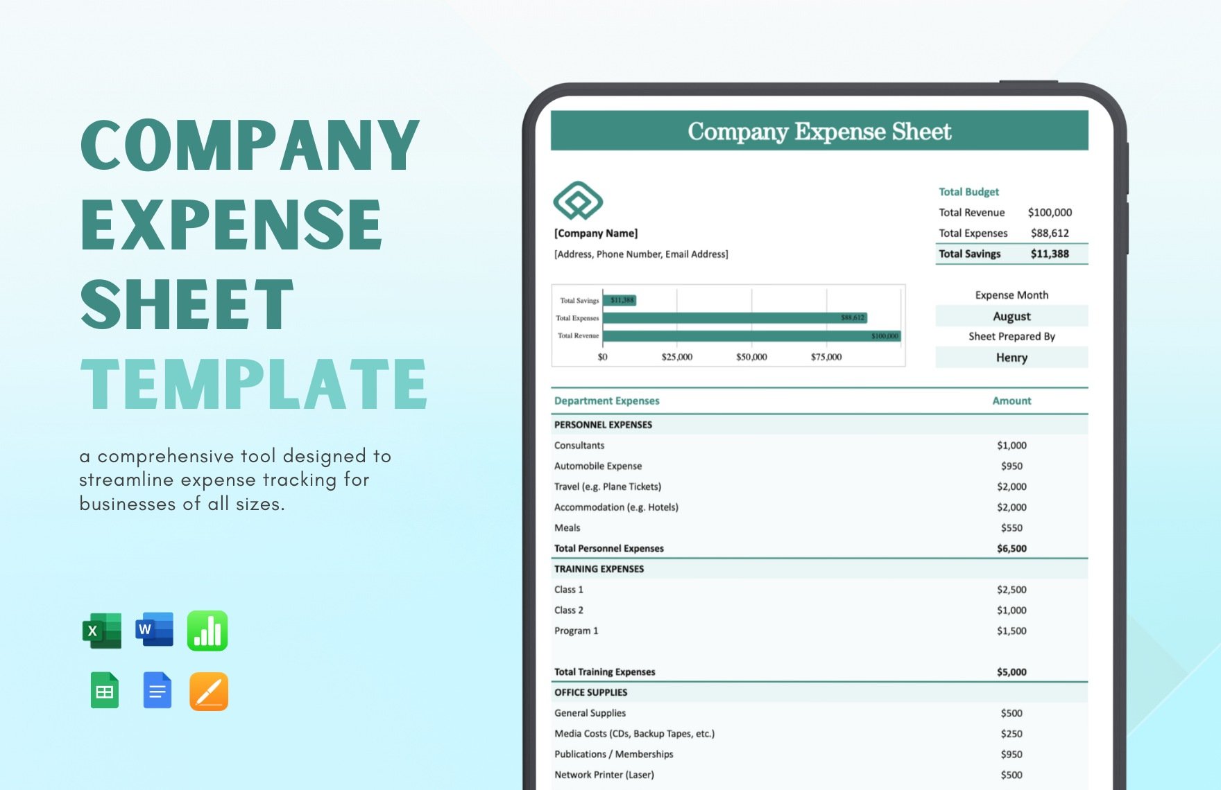 Company Expense Sheet Template in Word, Google Docs, Excel, Google Sheets, Apple Pages, Apple Numbers