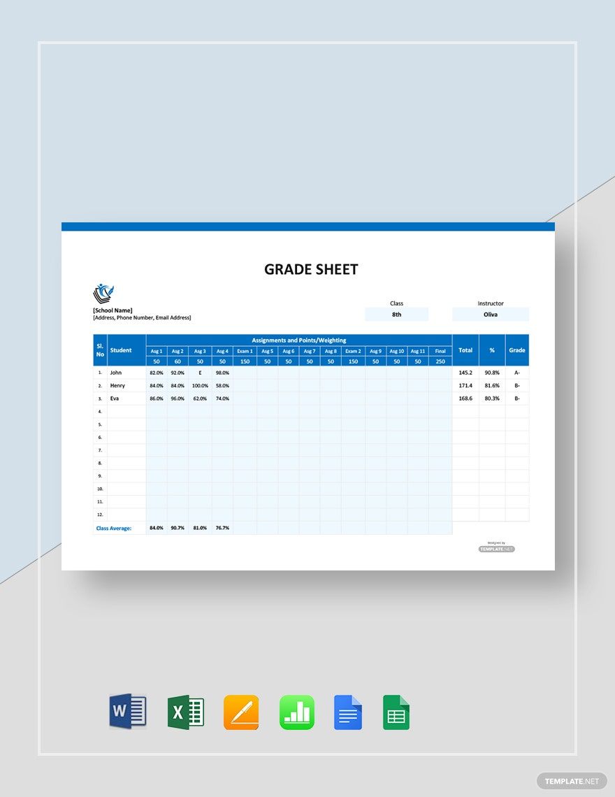 Free Grade Sheet Template in Word, Google Docs, Excel, Google Sheets, Apple Pages, Apple Numbers