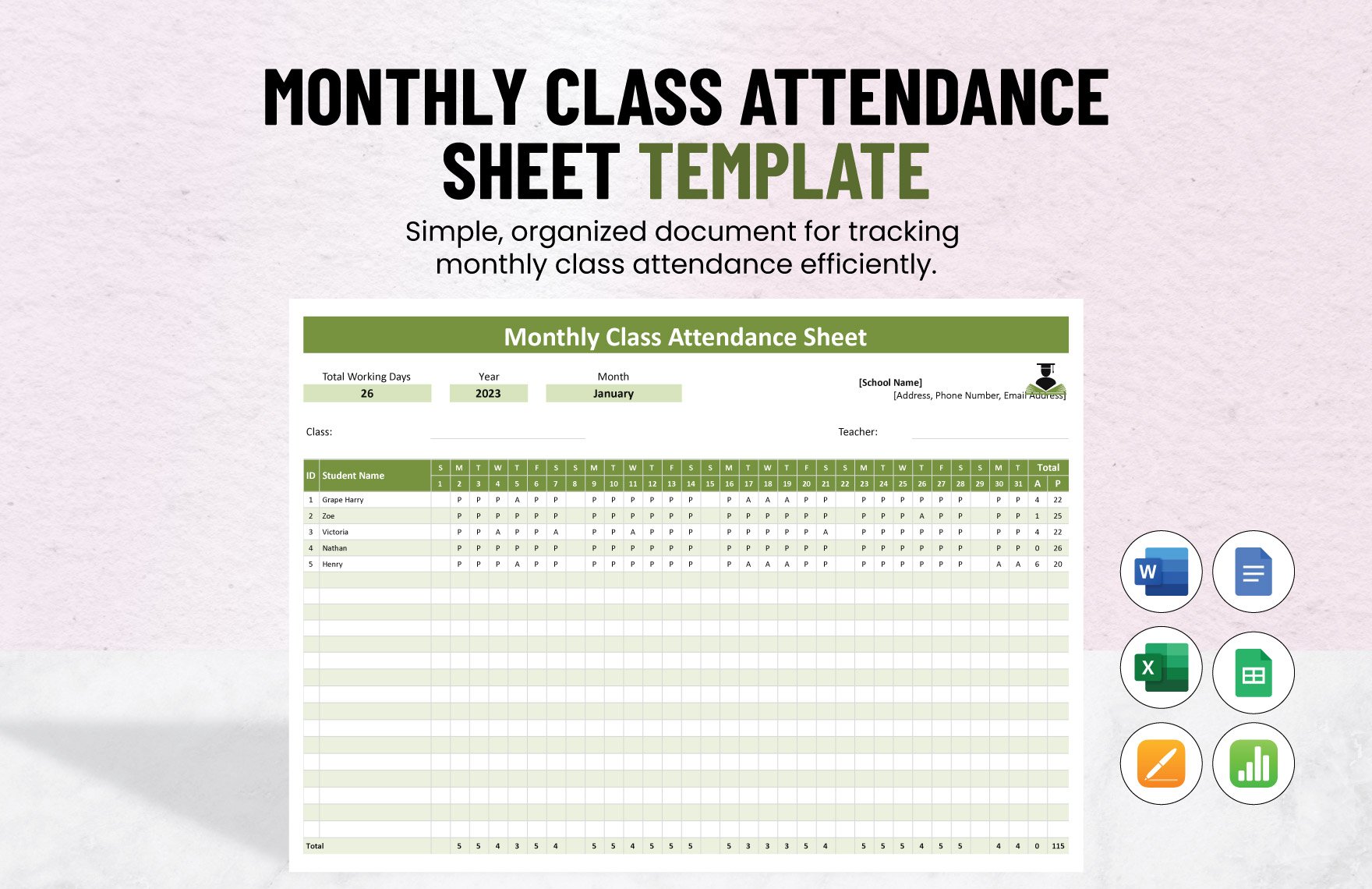 Monthly Class Attendance Sheet Template in Word, Google Docs, Excel, Google Sheets, Apple Pages, Apple Numbers