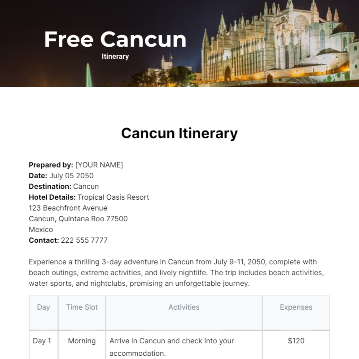 Cancun Itinerary Template - Edit Online & Download