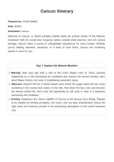 Free Cancun Itinerary Template to Edit Online