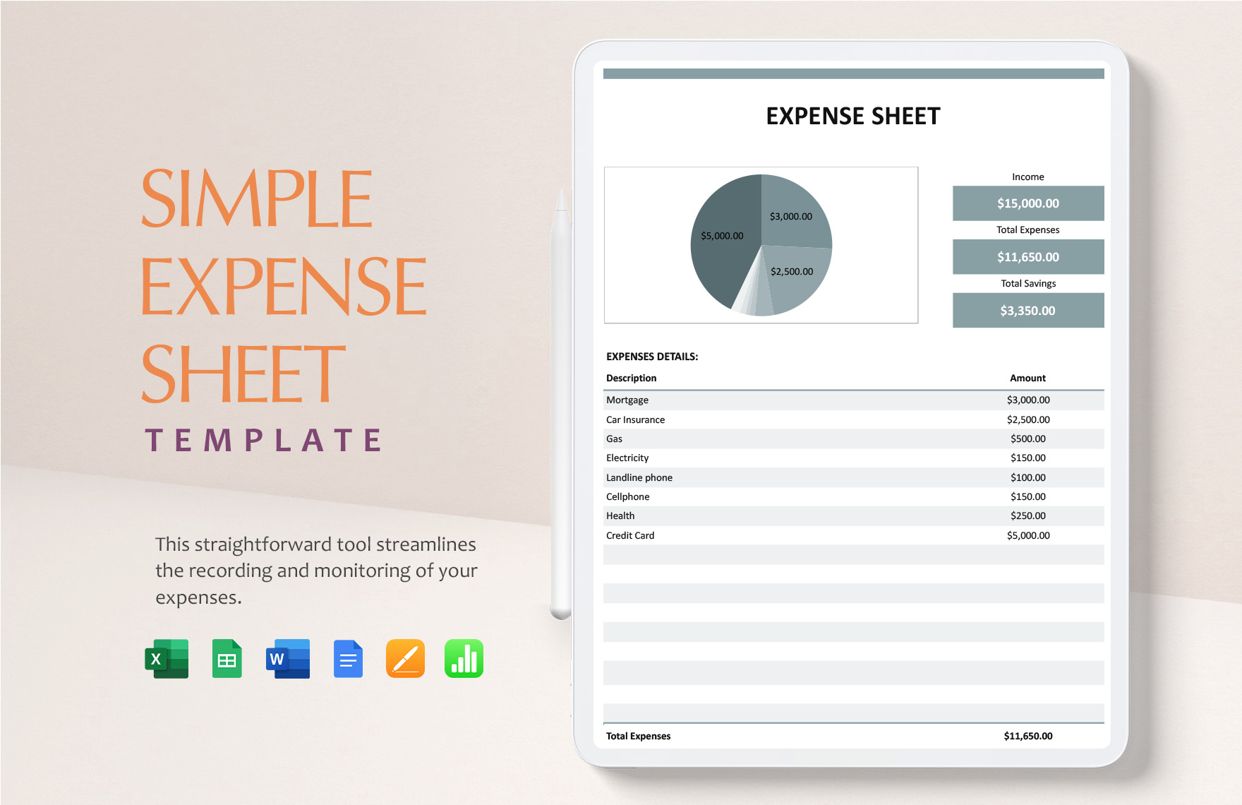 Free Simple Expense Sheet Template in Word, Google Docs, Excel, Google Sheets, Apple Pages, Apple Numbers