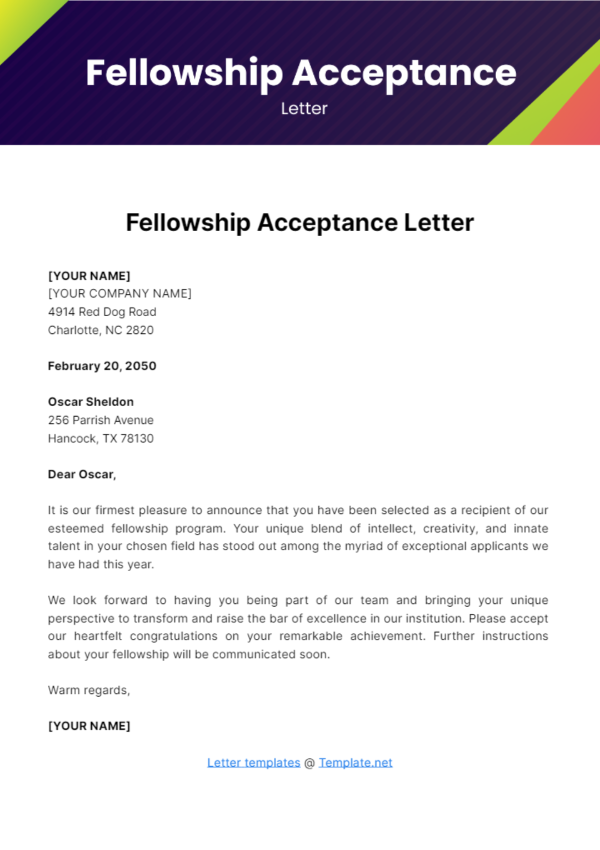 Fellowship Acceptance Letter Template