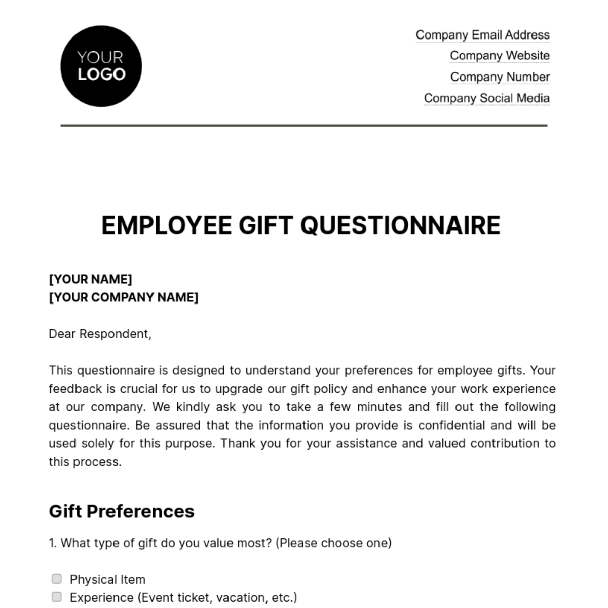 Employee Gift Questionnaire HR Template
