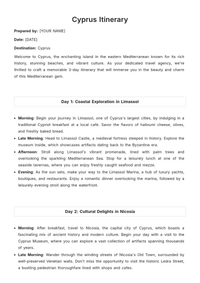 Free Cyprus Itinerary Template to Edit Online