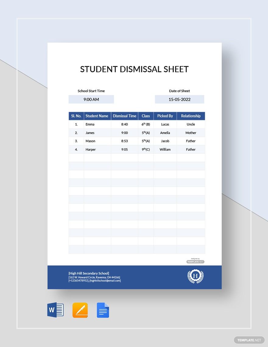 Student Dismissal Sheet Template