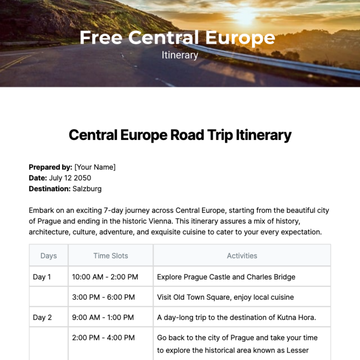 Central Europe Itinerary Template - Edit Online & Download