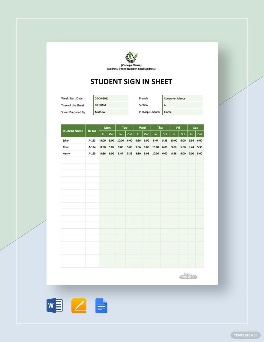 Student Sign In Sheet Template