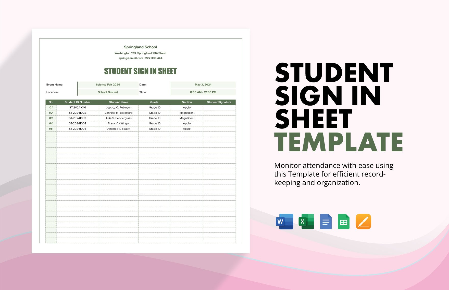Student Sign In Sheet Template in Word, Google Docs, Excel, Google Sheets, Apple Pages