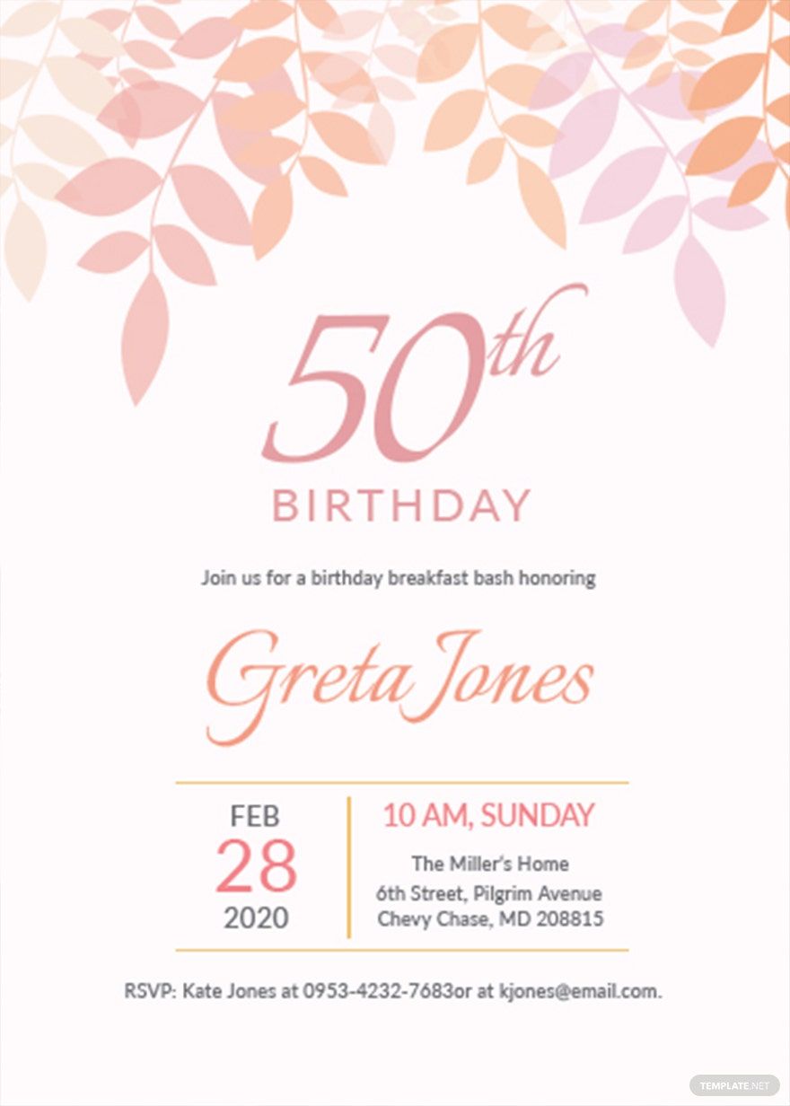 50th Birthday Breakfast Invitation Template in Word, Illustrator, PSD, Apple Pages, Publisher, Outlook