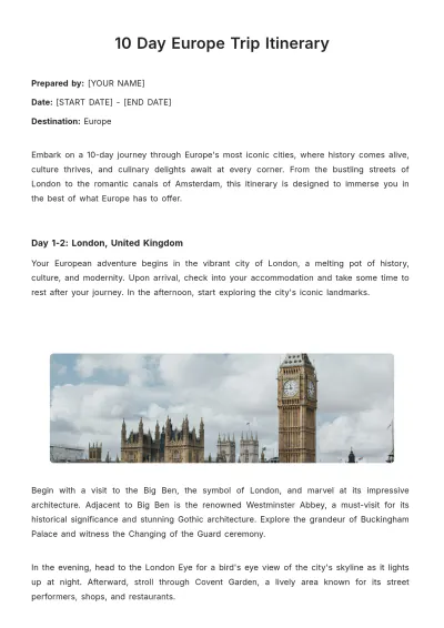 Free 10 Day Europe Trip Itinerary Template to Edit Online