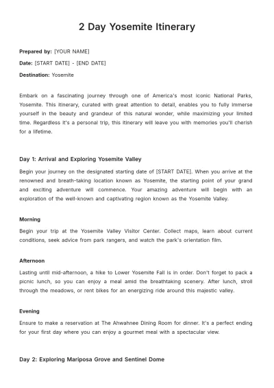 Free 2 Day Yosemite Itinerary Template to Edit Online