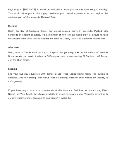 Free 2 Day Yosemite Itinerary Template to Edit Online