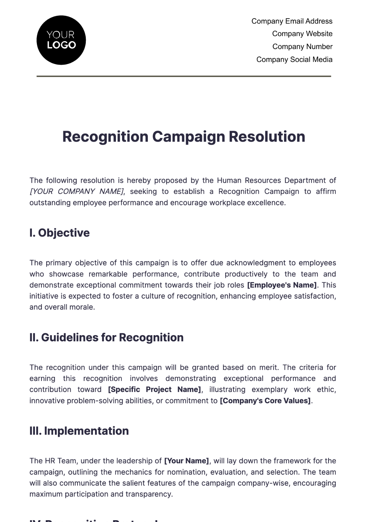 Recognition Campaign Resolution HR Template - Edit Online & Download