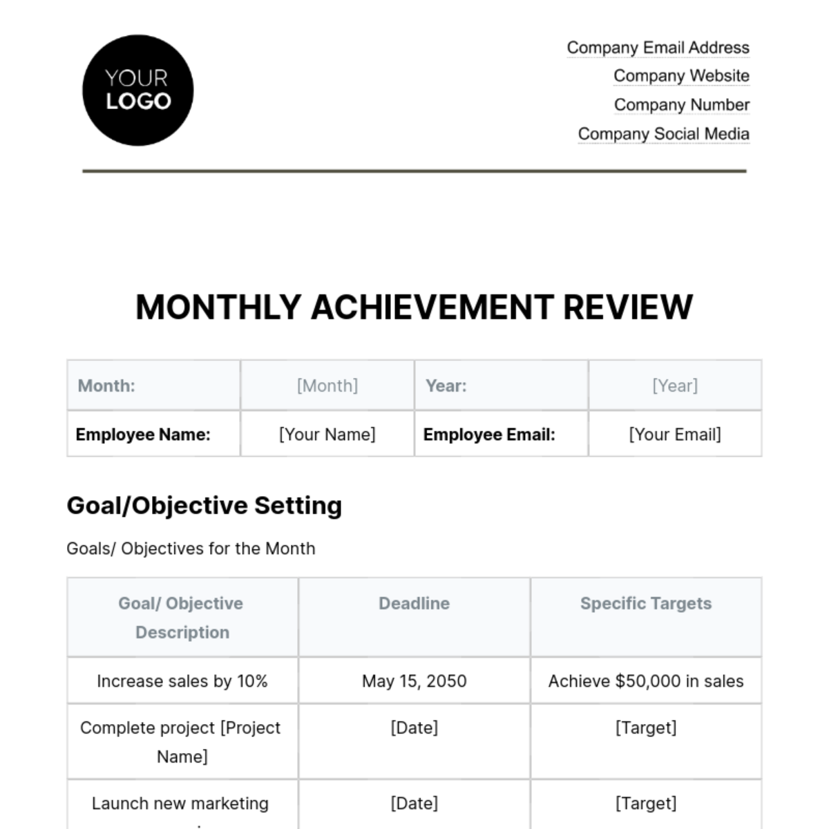 Free Monthly Achievement Review HR Template