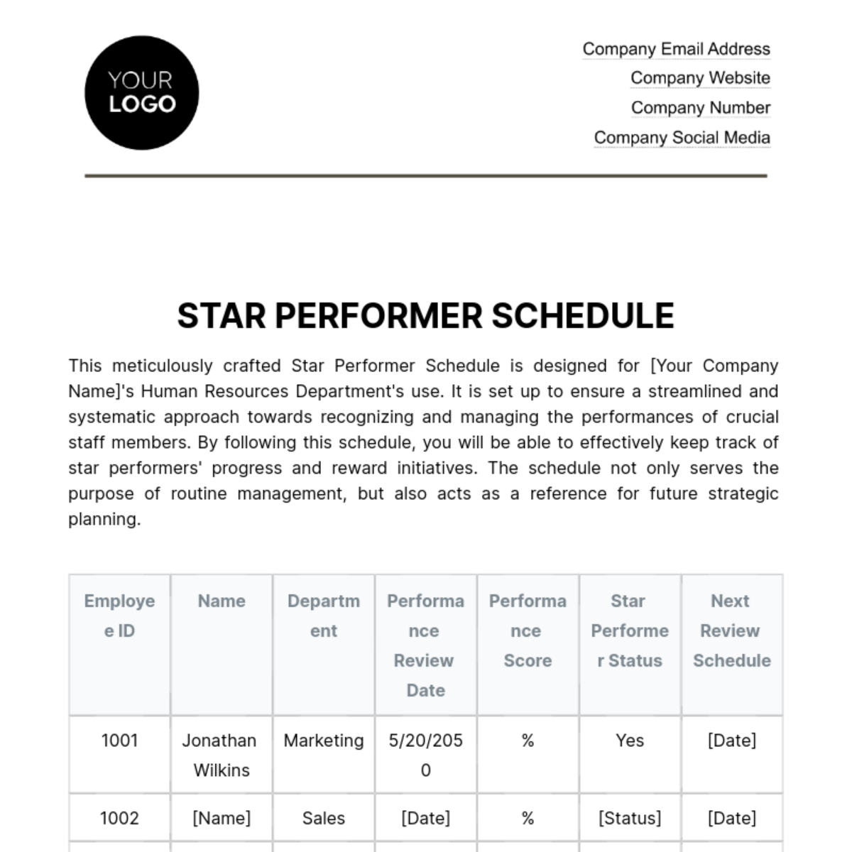 Star Performer Schedule HR Template