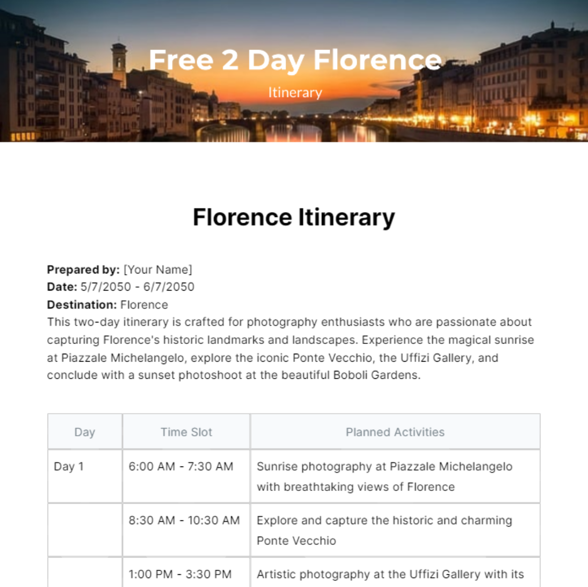 2 Day Florence Itinerary Template - Edit Online & Download