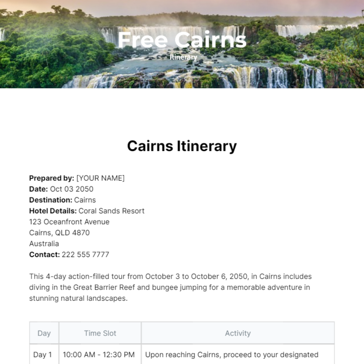 Cairns Itinerary Template - Edit Online & Download