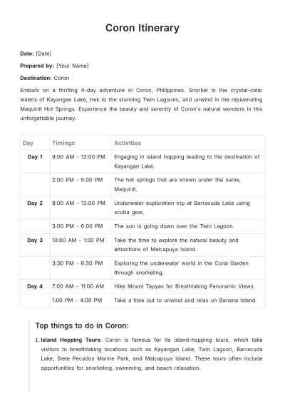 Free Coron Itinerary Template to Edit Online