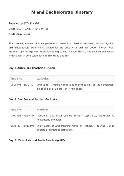Free Miami Bachelorette Itinerary Template to Edit Online