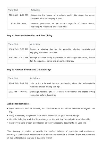 Free Miami Bachelorette Itinerary Template to Edit Online