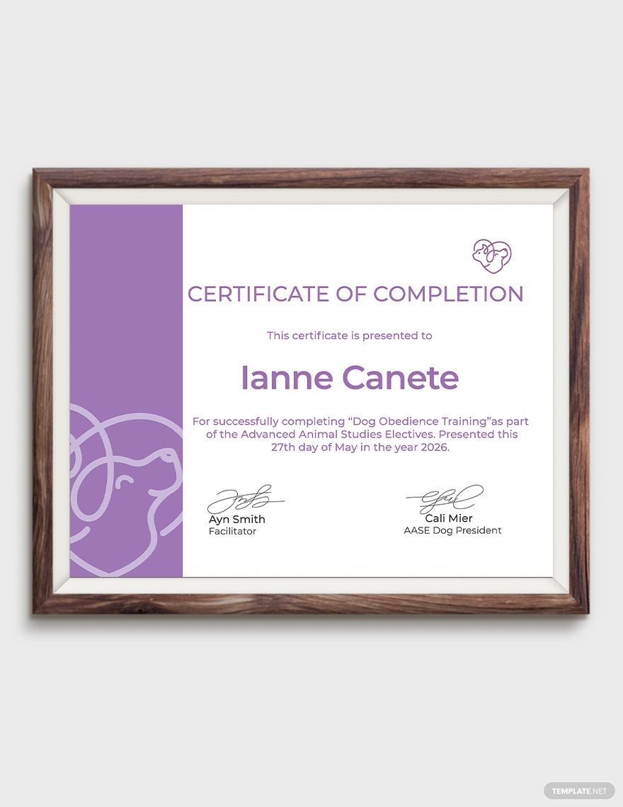 Certificate of Completion in Dog Obedience Template in Word, Google Docs, PSD, Apple Pages, Publisher