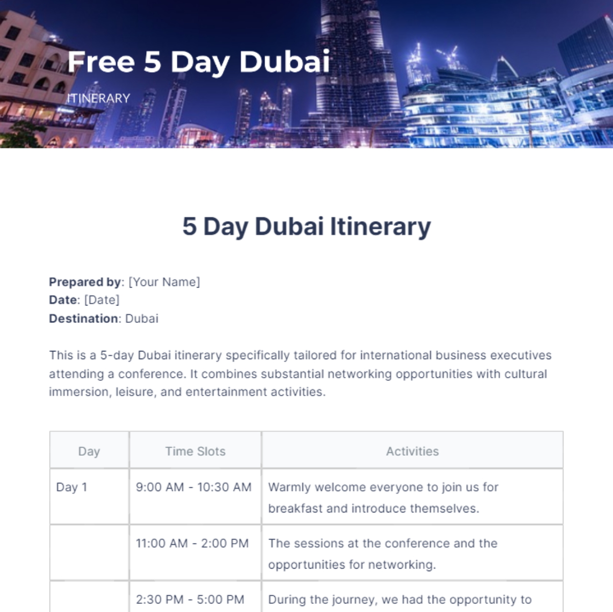 5 Day Dubai Itinerary Template Edit Online & Download Example