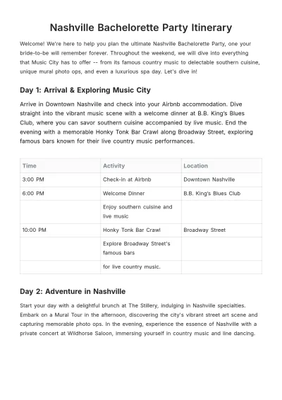 Free Nashville Bachelorette Party Itinerary Template to Edit Online