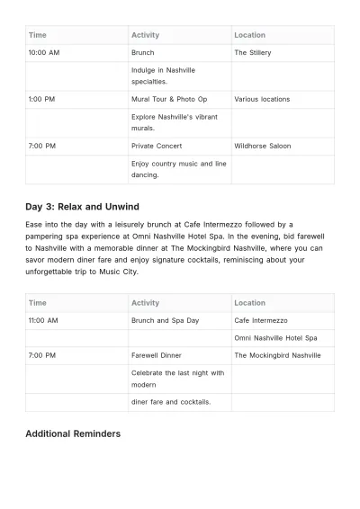 Free Nashville Bachelorette Party Itinerary Template to Edit Online
