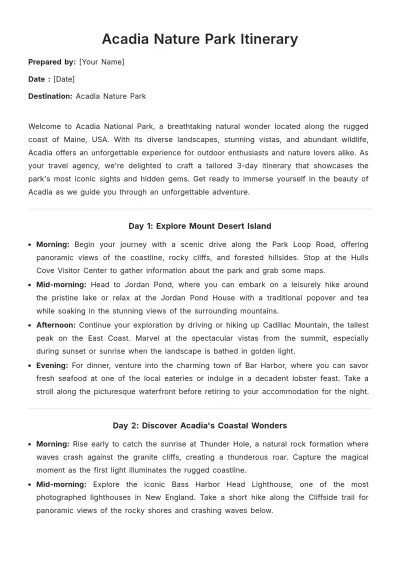 Free Acadia National Park Itinerary Template to Edit Online