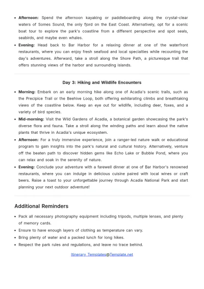 Free Acadia National Park Itinerary Template to Edit Online