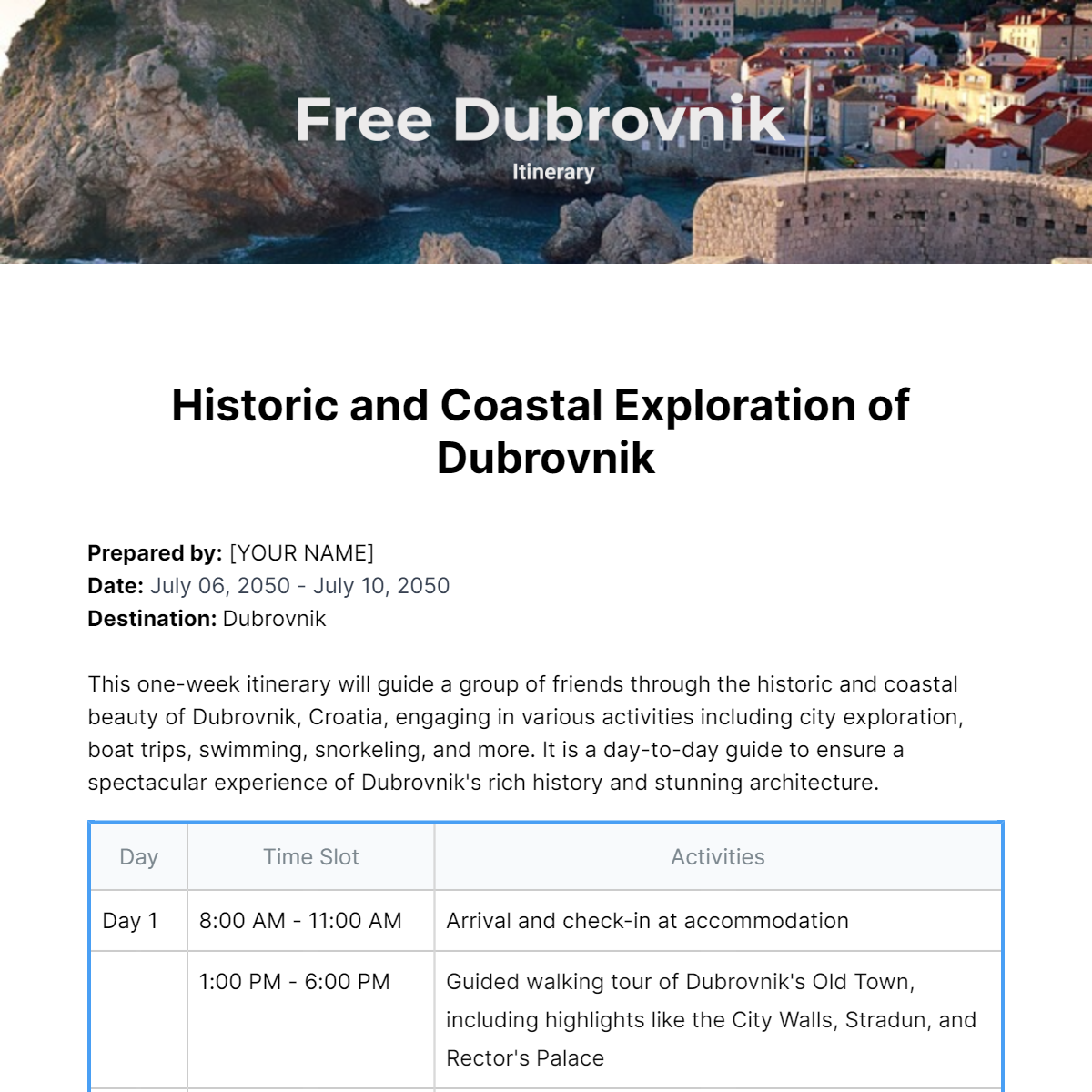 Dubrovnik Itinerary Template - Edit Online & Download