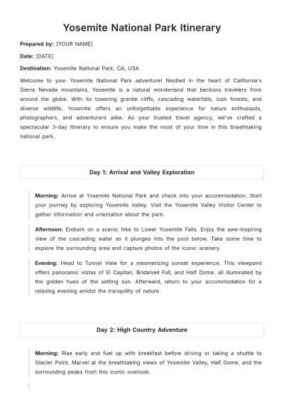 Free Yosemite National Park Itinerary Template to Edit Online
