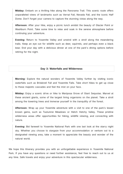Free Yosemite National Park Itinerary Template to Edit Online