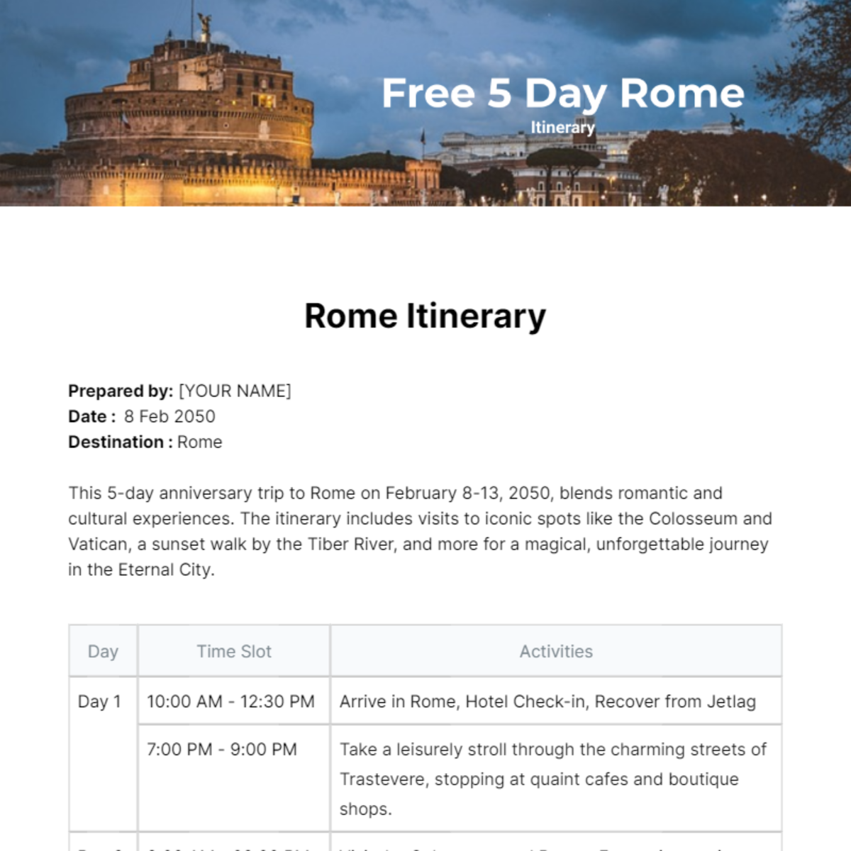 5 Day Rome Itinerary Template - Edit Online & Download Example ...