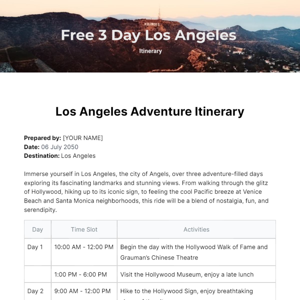 3 Day Los Angeles Itinerary Template - Edit Online & Download