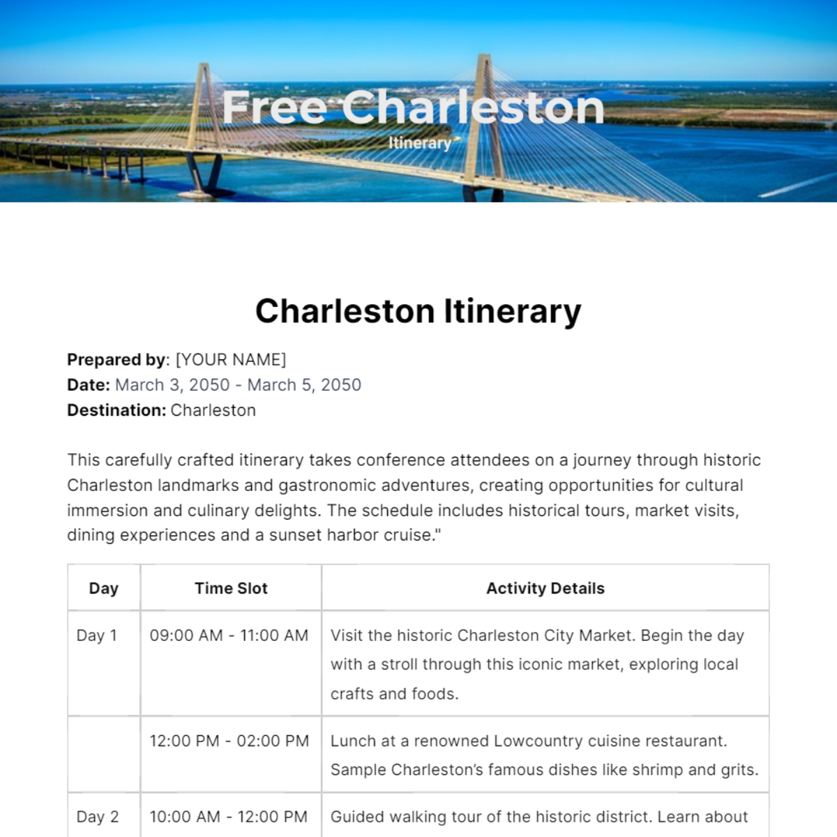 Charleston Itinerary Template - Edit Online & Download