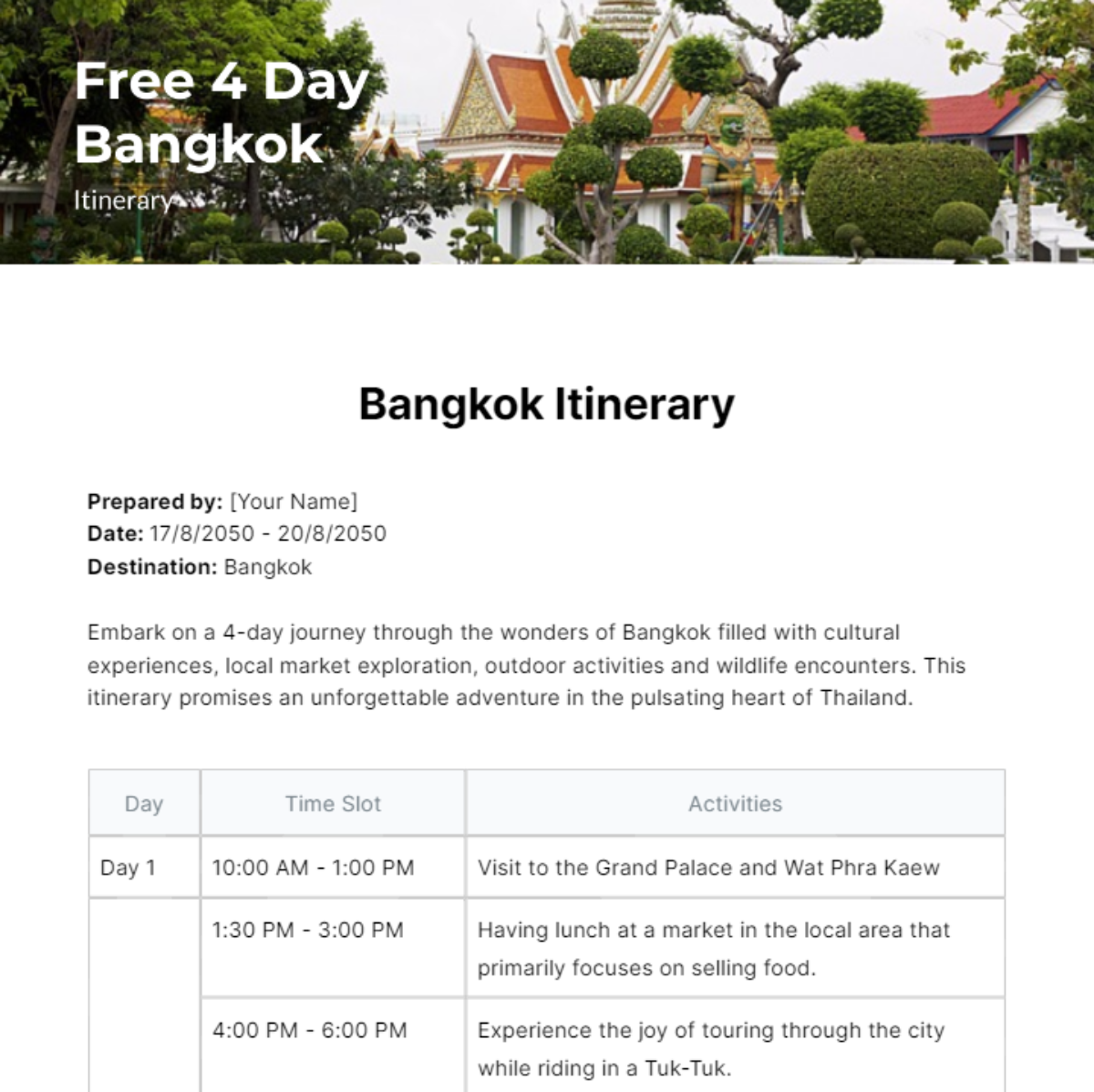 4 Day Bangkok Itinerary Template Edit Online & Download Example