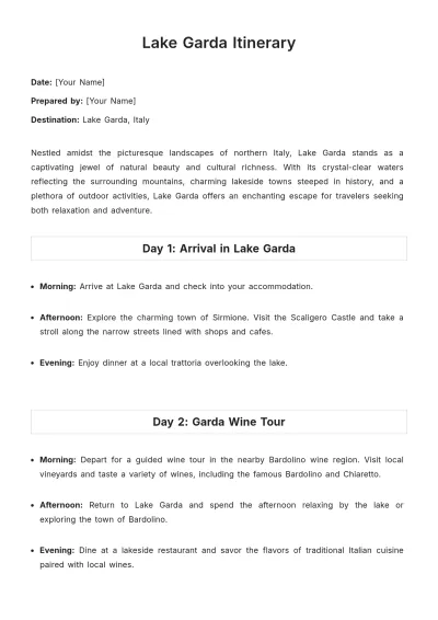 Free Lake Garda Itinerary Template to Edit Online