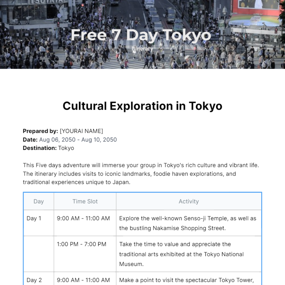 7 Day Tokyo Itinerary Template - Edit Online & Download