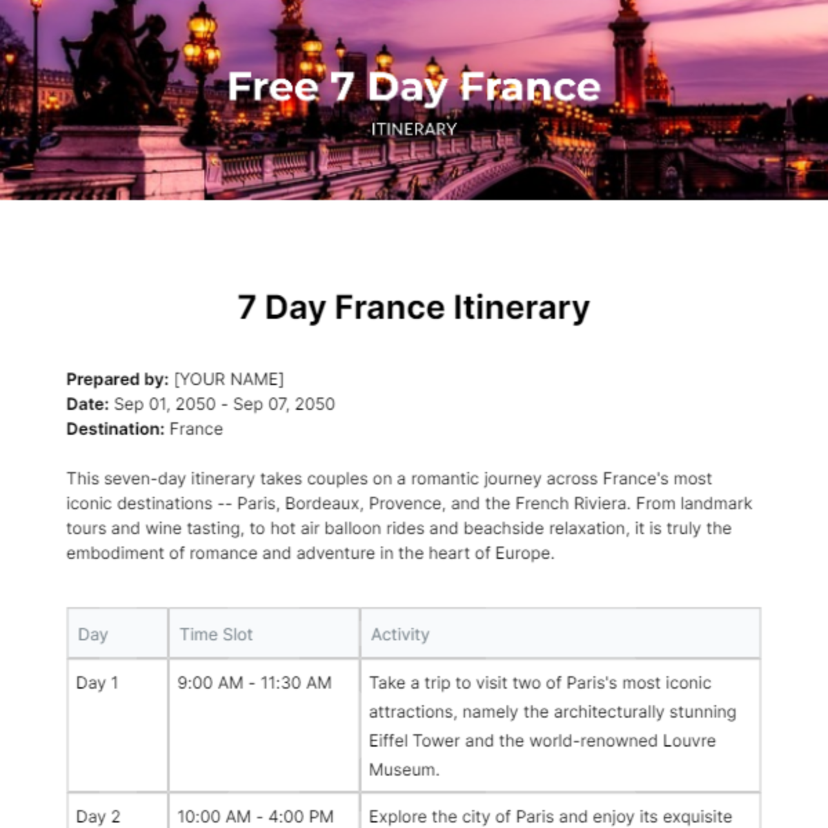 7 Day France Itinerary Template - Edit Online & Download Example ...