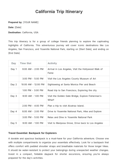 Free California Trip Itinerary Template to Edit Online