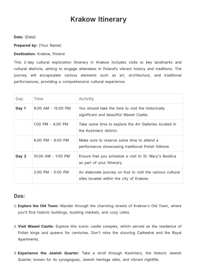 Free Krakow Itinerary Template to Edit Online