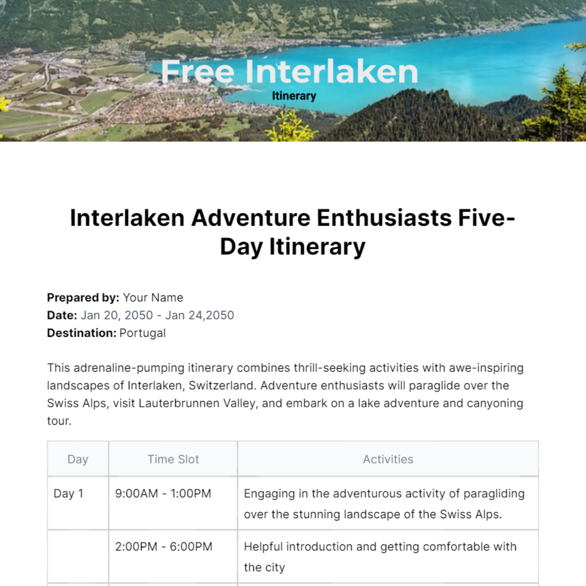 Interlaken Itinerary Template - Edit Online & Download