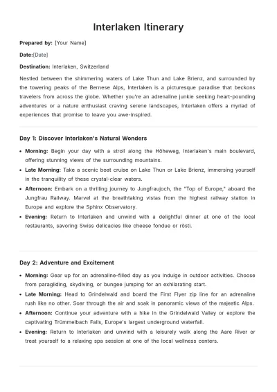 Free Interlaken Itinerary Template to Edit Online
