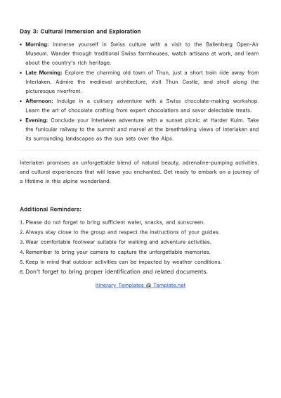 Free Interlaken Itinerary Template to Edit Online
